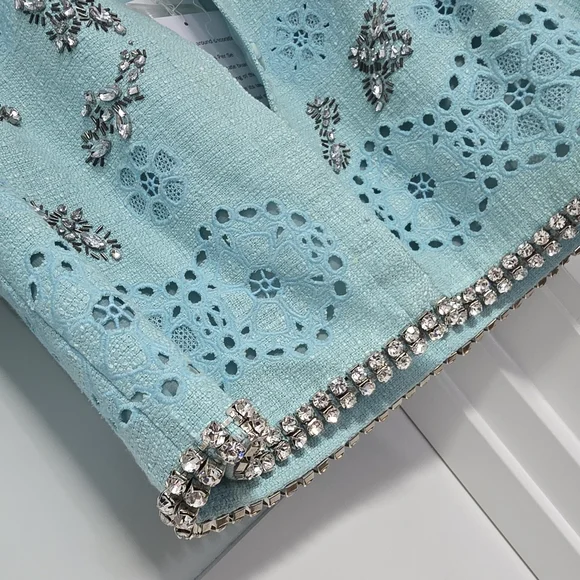🆕️ Per Se Carlisle Per Elegant Crystal Floral Tweed Blazer in Mint Aqua Blue - Picture 3 of 10